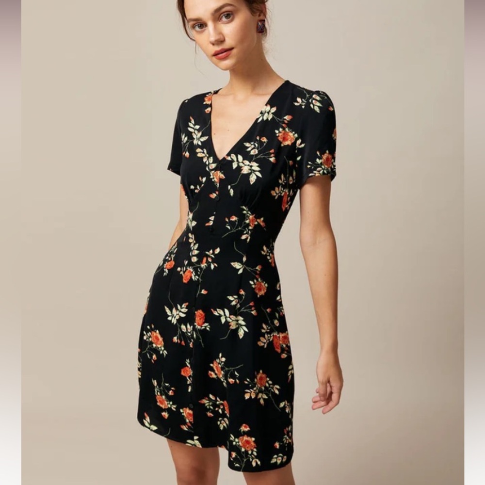 NWT Black V Neck Floral Button Up Mini Dress